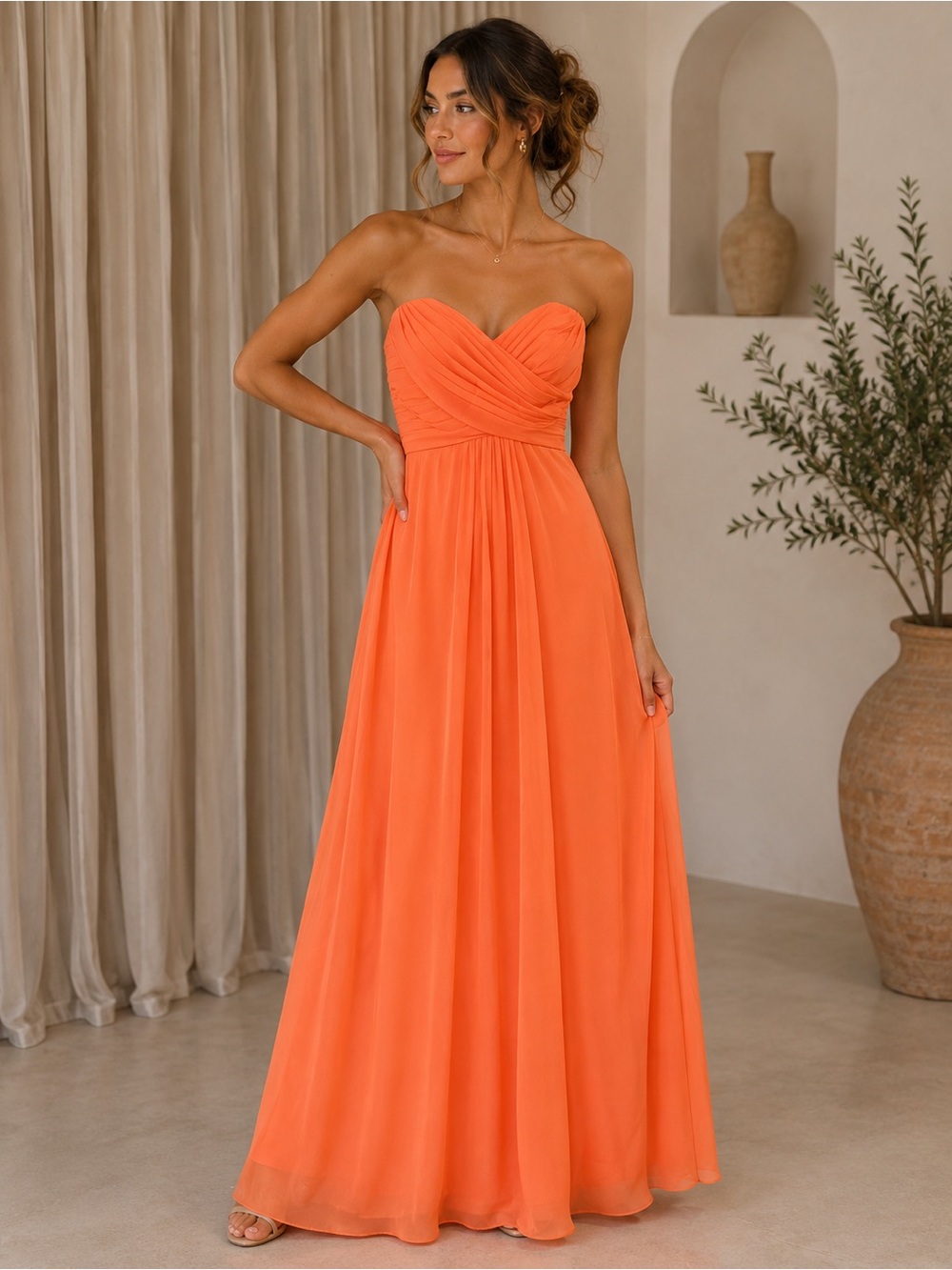 Allure Bridals Strapless Orange Chiffon Maxi Gown